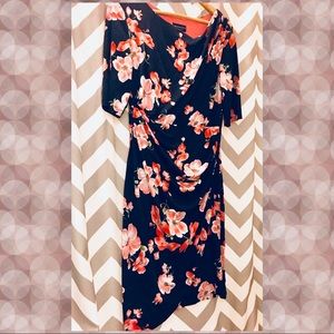 Navy blue & pink flower long sleeve stretchy dress
